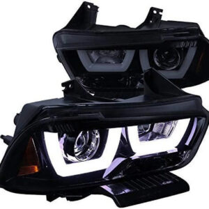 DRL LED Light Bar Strip Projector Headlight Head Lamp Replacement in Gloss Black Housing Smoke Lens Made For And Compatible With 2011 - 2014 Dodge Charger 11 12 13 14